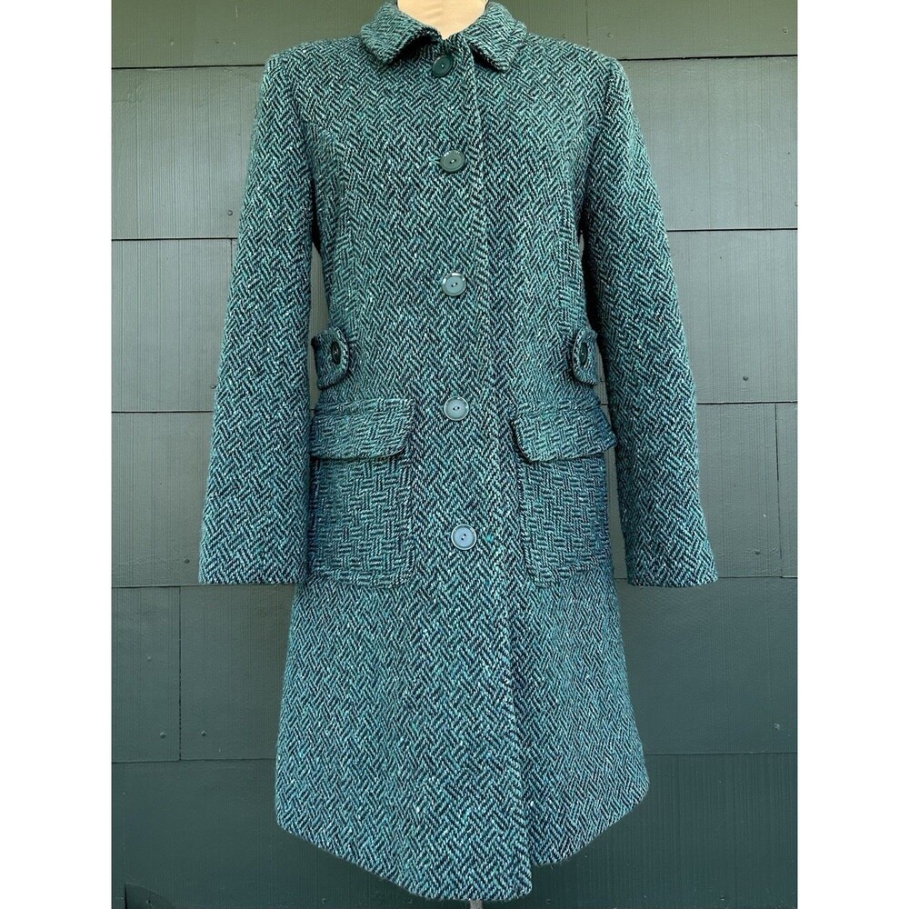 Vtg 90s Moda International Victorias Secret Wool Teal Tweed Herringbone Coat 6